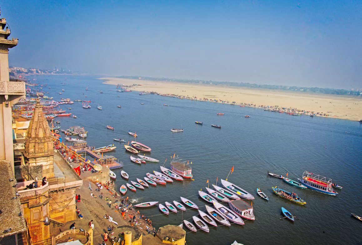 The ghats of Varanasi rising above the Ganga